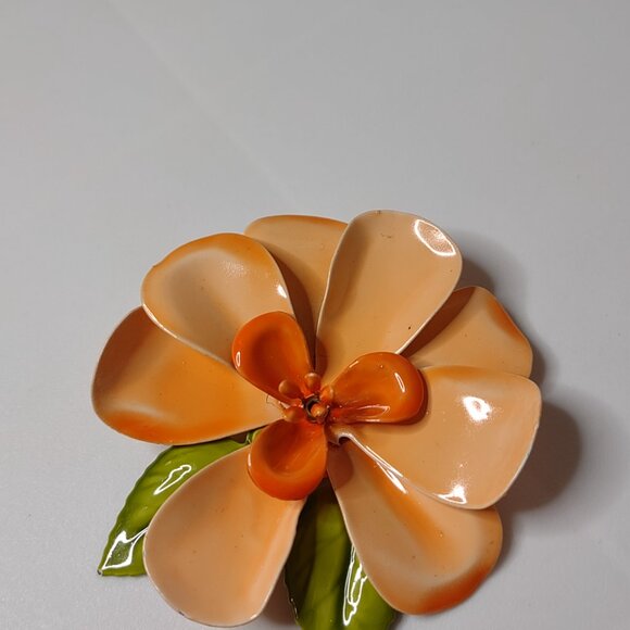Orange Enamel Large Flower Brooch - Picture 3 of 11